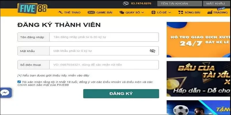 Điền thông tin theo mẫu có sẵn trên trang chủ